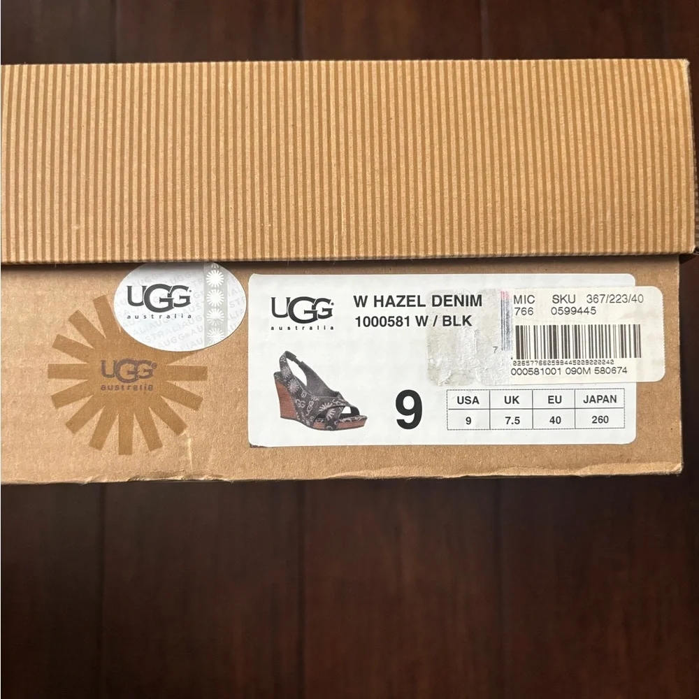 UGG Australia 1000581 Black 9 Hazel Denim Wedge Slingback Sandals Shoes #9